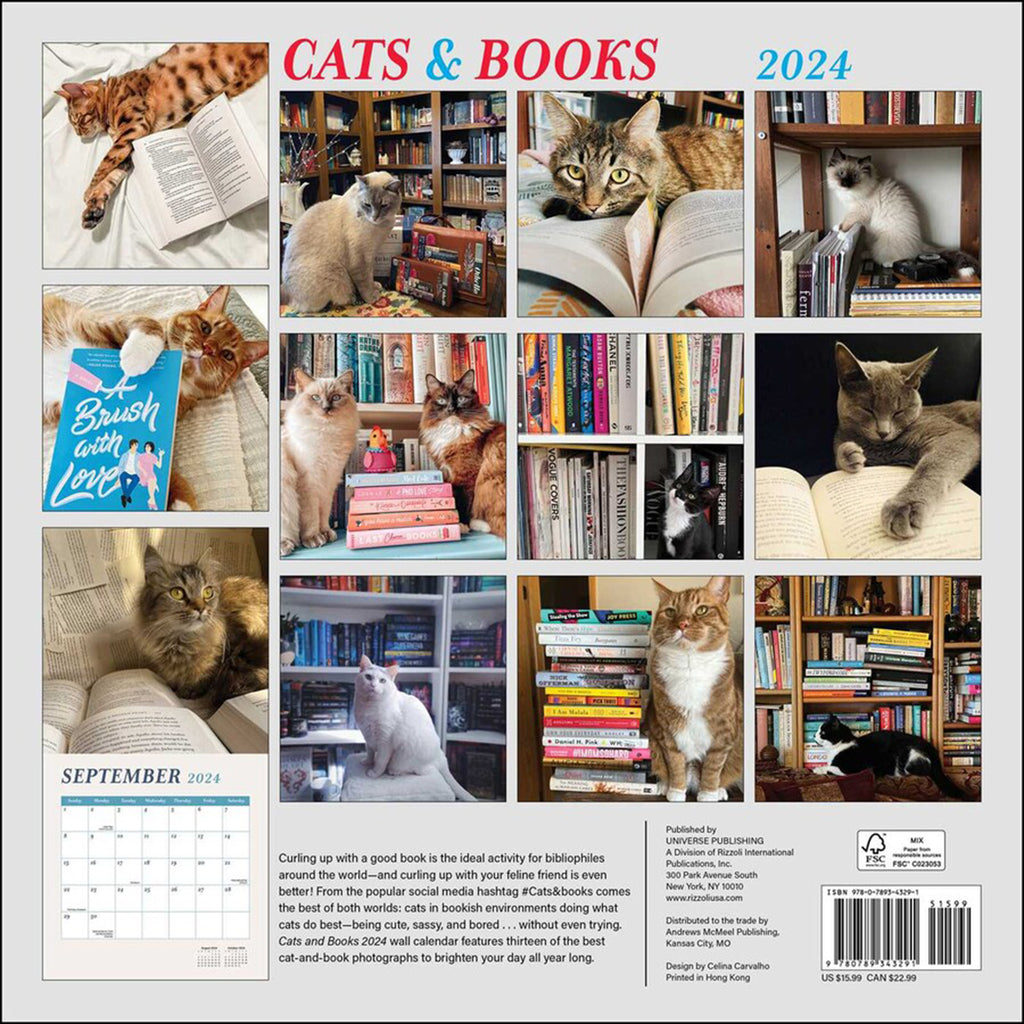 Simon & Schuster 2024 Cats & Books wall calendar, back cover showing all photos included in the calendar.