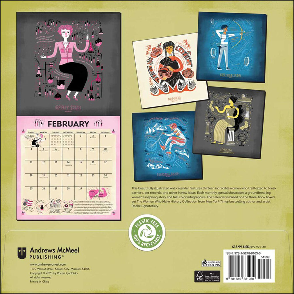 Simon & Schuster 2024 The Women Who Make History wall calendar by Rachel Ignotofsky, back cover with a few sample illustrations.