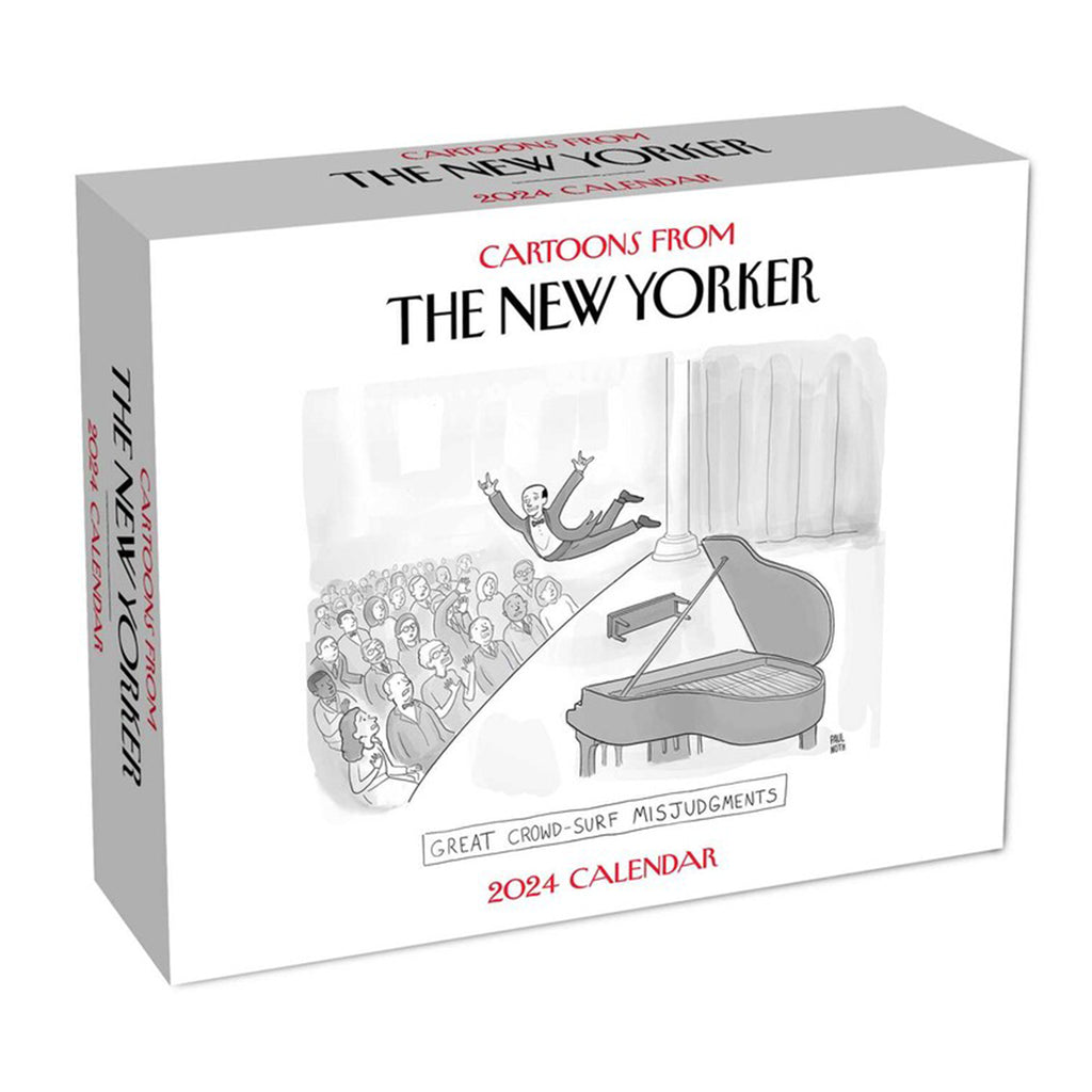Simon & Schuster 2024 Cartoons from The New Yorker day to day calendar in box packaging, front view.
