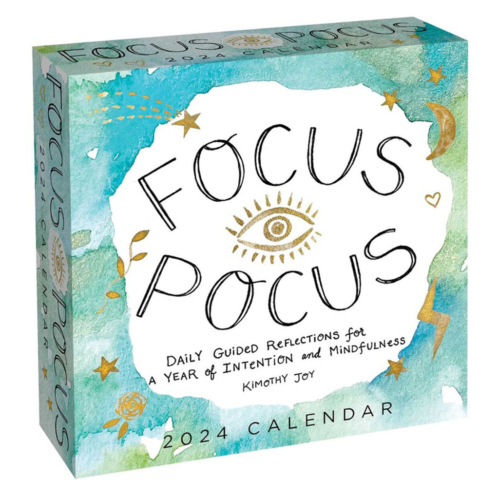 Simon & Schuster 2024 Focus Pocus Day to Day Calendar in box packaging, front view.