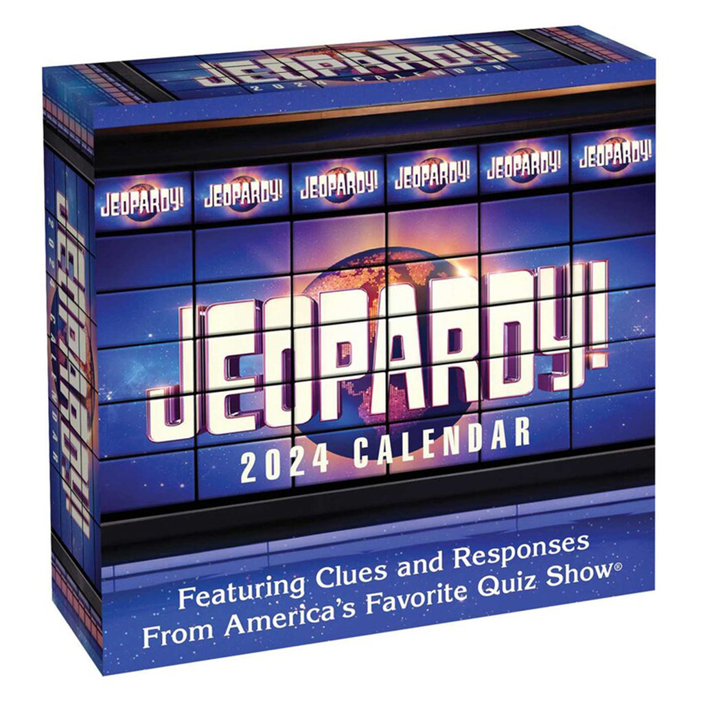 Simon & Schuster 2024 Jeopardy! Day to Day calendar featuring clues and responses from America's Favorite Quiz Show in box packaging, front view. 