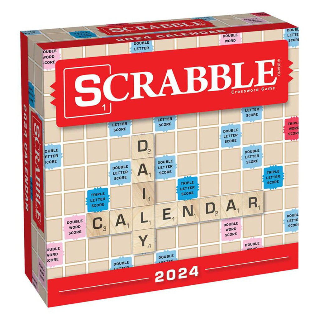 Simon & Schuster 2024 Scrabble crossword game day to day calendar in box packaging that looks like a scrabble board, front view.
