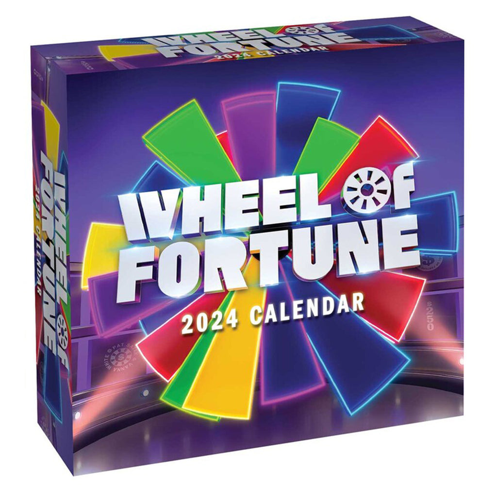 Simon & Schuster 2024 Wheel of Fortune day to day calendar in box packaging with a colorful wheel and show set illustration, front view.