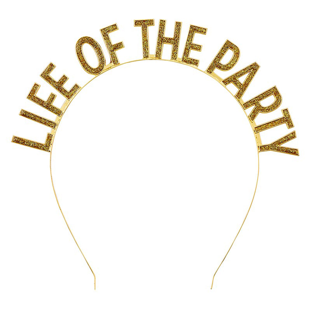 Slant Collections gold tone metal headband with "life of the party" in gold glitter letters.