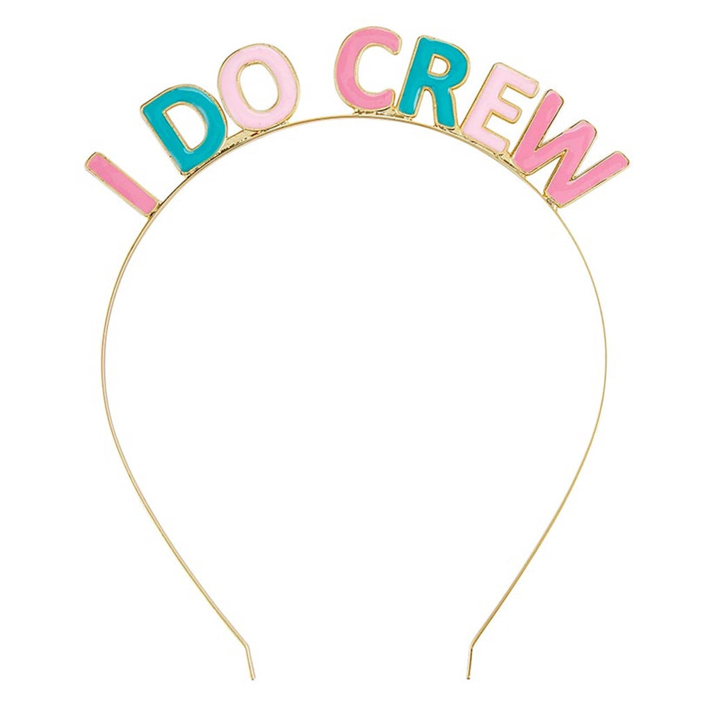 Slant Collections gold tone metal party headband with "I Do Crew" in pink and turquoise letters on top.