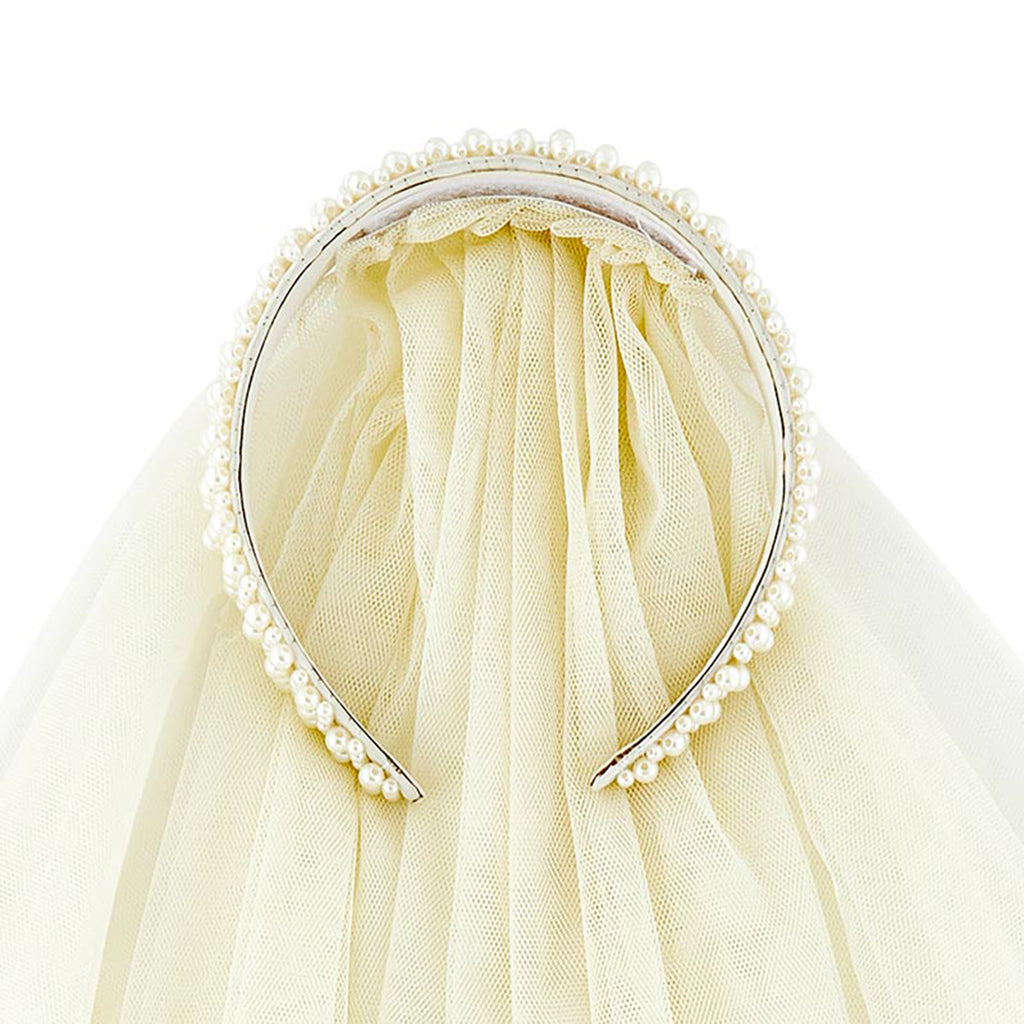 Slant Collections ivory pearl beaded headband with attached ivory veil, detail of headband.