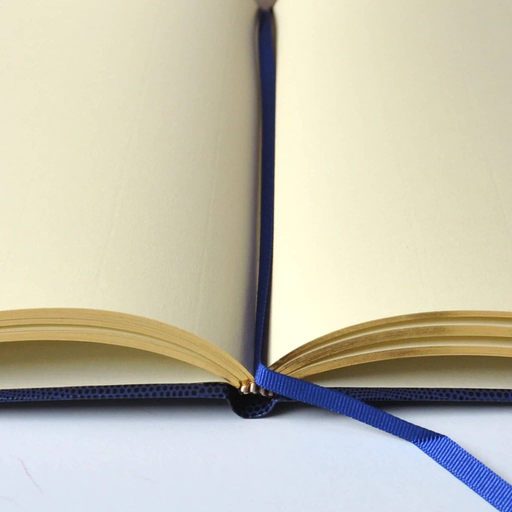 Open notebook with blank cream pages and a blue ribbon page marker, on a white background.