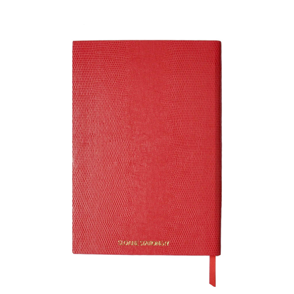 Back cover of a red faux lizard notebook with "Sloane Stationery" in gold lettering.