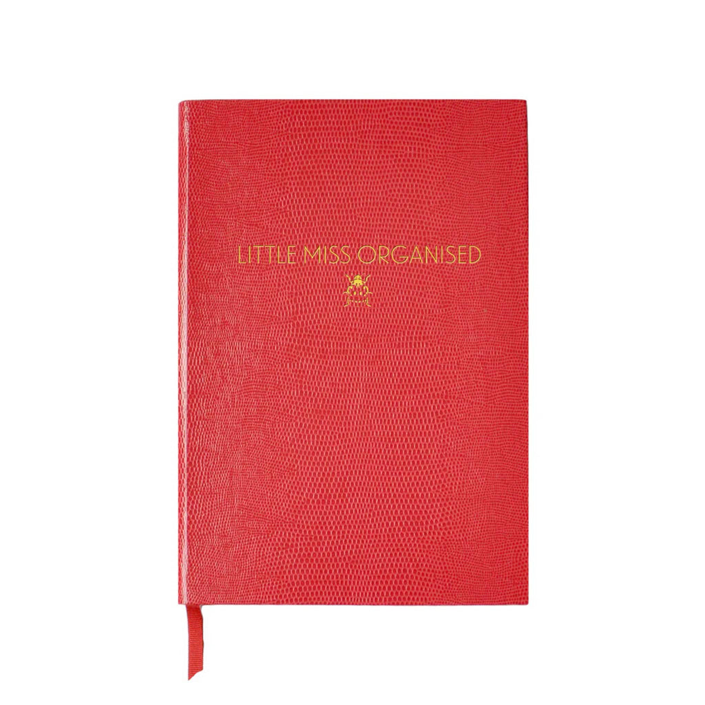 Front cover of a red faux lizard cover notebook with "Little Miss Organised" in gold lettering, on a white background.