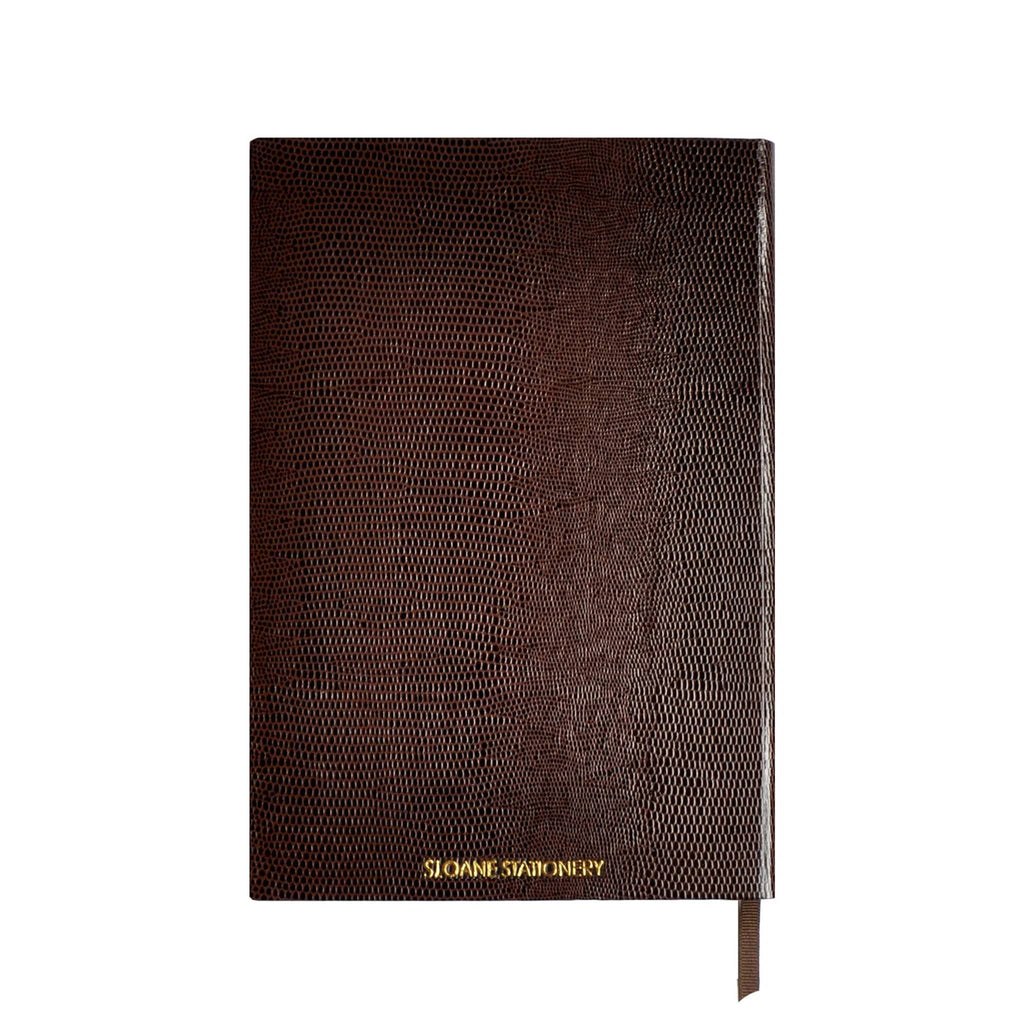 Front cover of a brown faux lizard notebook with "Sloane Stationery" in gold foil lettering, on a white background.