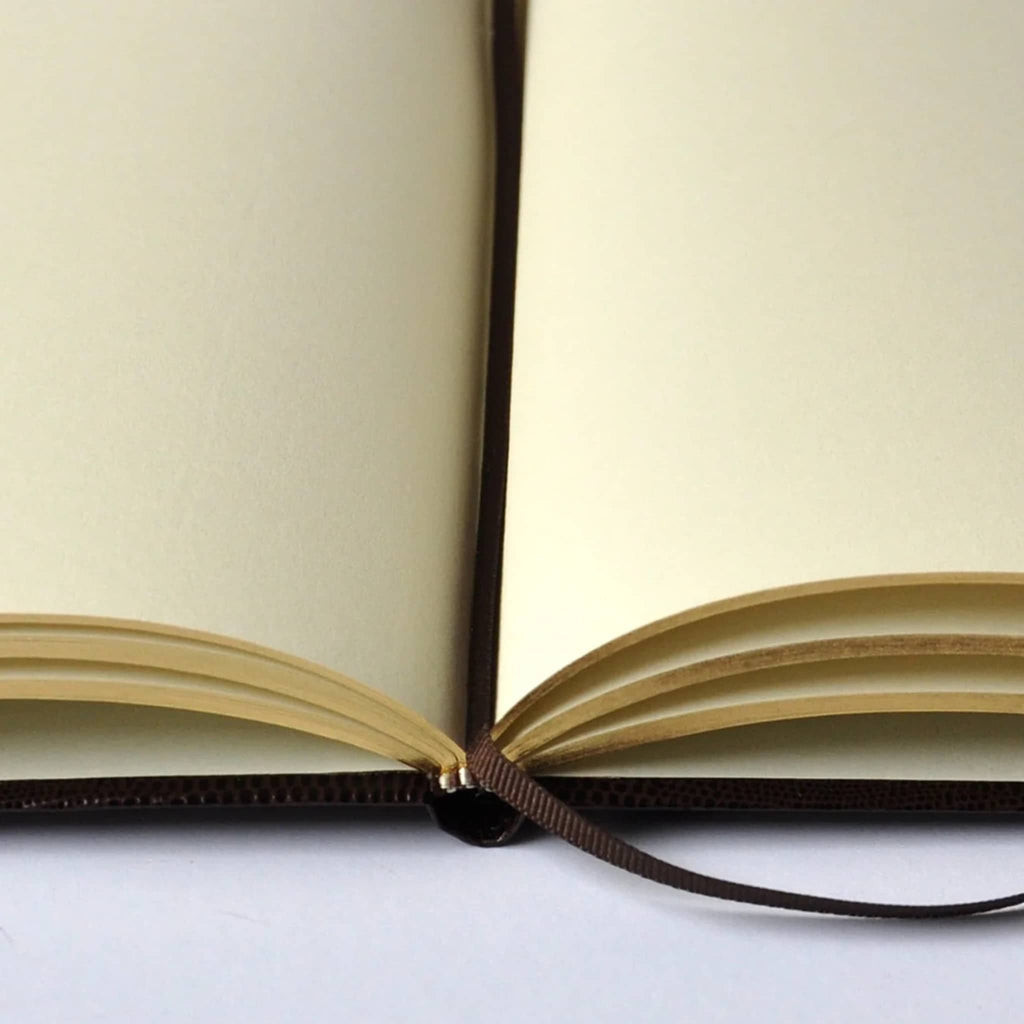 Open notebook with a brown ribbon page marker, on a white background.
