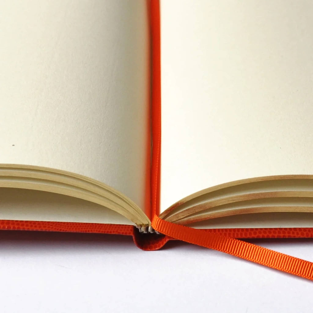 Open notebook with unlined cream pages and an orange ribbon page marker, on a white background.