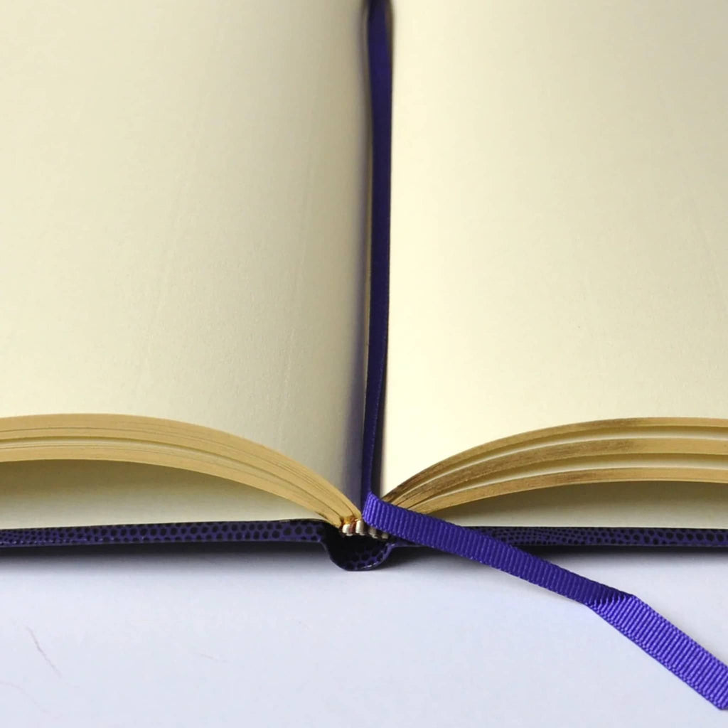 Open notebook with blank cream pages and a purple ribbon page marker, on a white background.