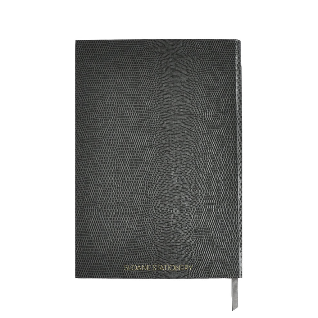 Back cover of a gray faux lizard notebook with 'Sloane Stationery' in gold lettering, on a white background.