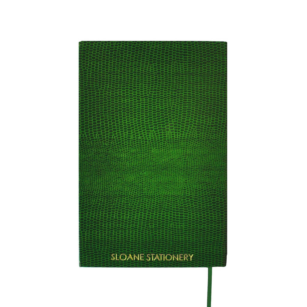 Back cover of a green faux lizard notebook with "Sloane Stationery" in gold foil, on a white background.