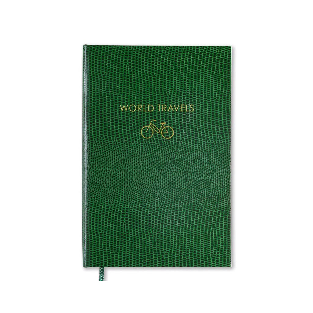 Front cover of a green faux lizard notebook with "World Travels" and a bicycle graphic in gold foil, on a white background.