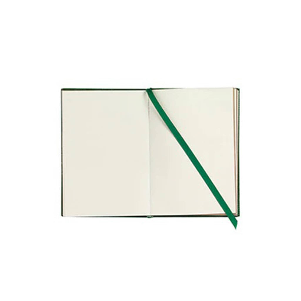 Open notebook with blank pages and a green ribbon page marker, on a white background