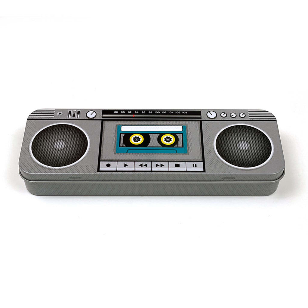 Smarty Pants Paper Co. Boom Box metal pencil box, front angle view.