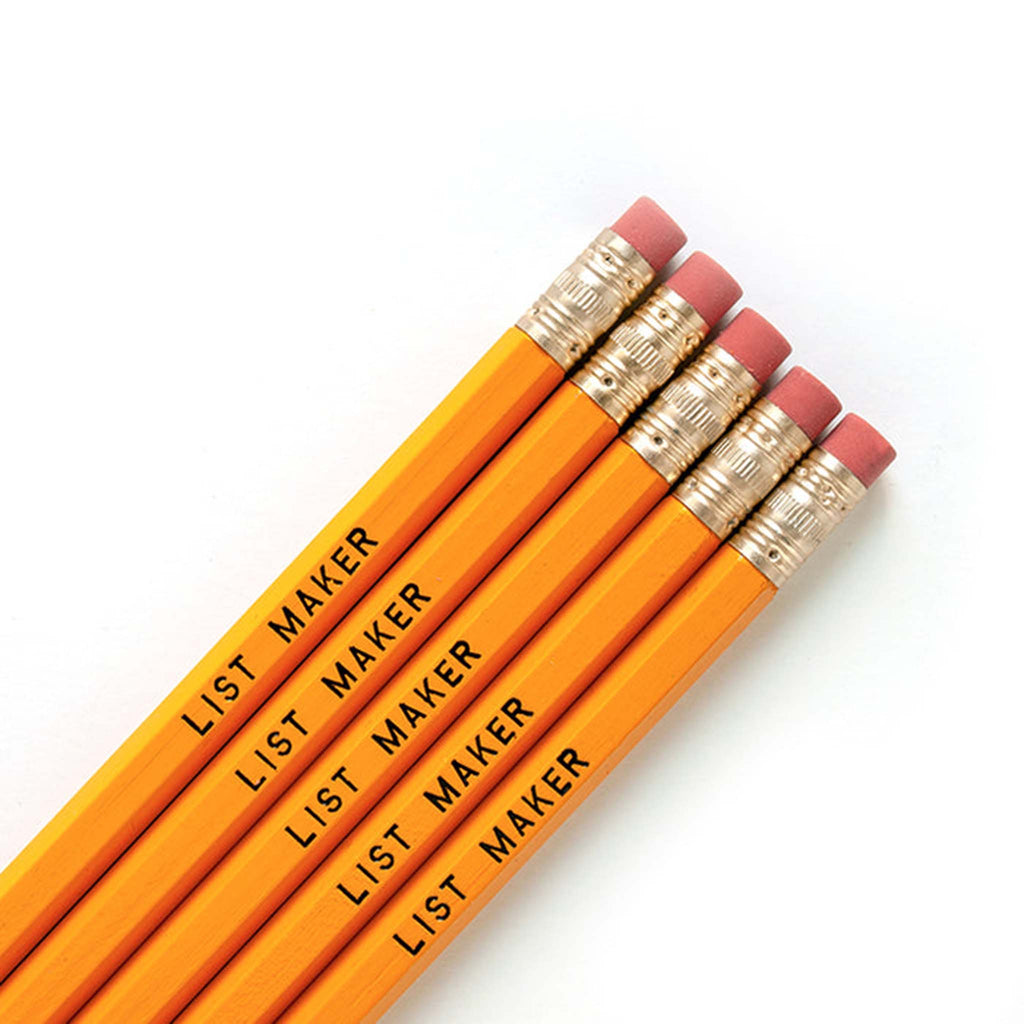 Smarty Pants Paper Co. #2 graphite pencils, set of 5 with yellow barrel and "list maker" in black lettering on each, detail.