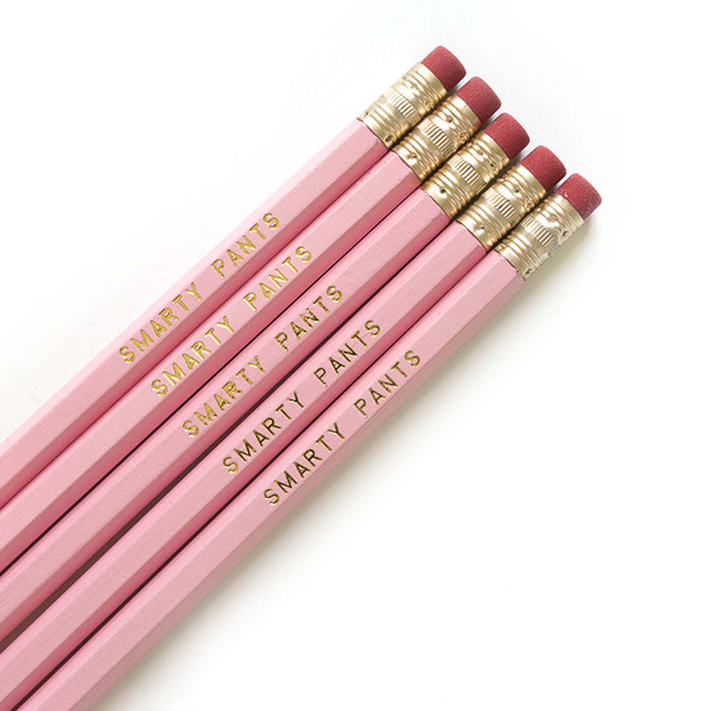 Smarty Pants Paper Co. #2 graphite pencils, set of 5 with pink barrel and "smarty pants" in gold lettering on each, detail.