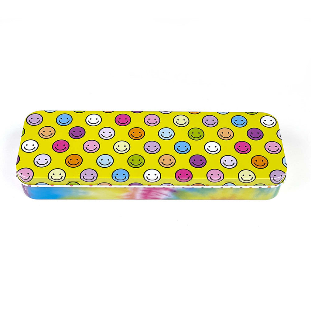 Smarty Pants Paper Co. Smiley Tie-Dye metal pencil box, front angle view.