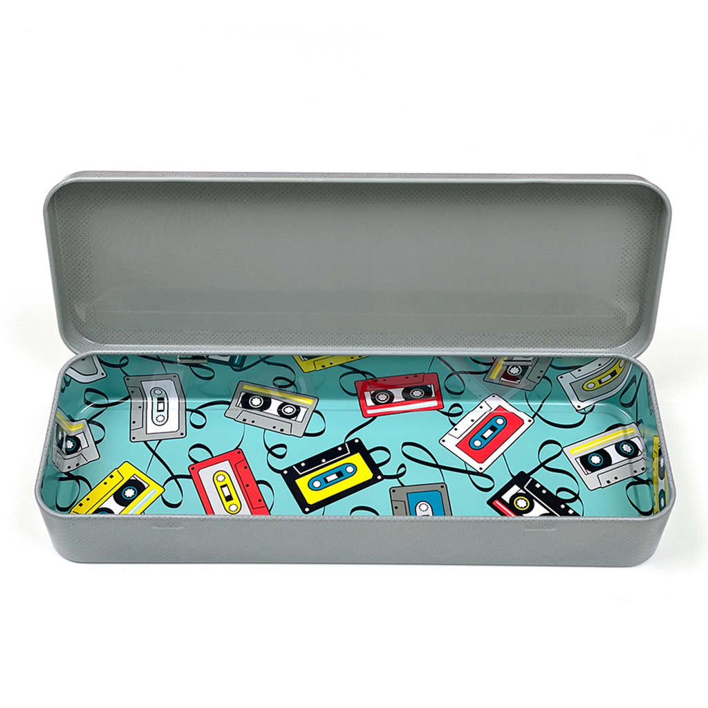 Smarty Pants Paper Co. Boom Box metal pencil box, open to show cassette tape illustrations inside.