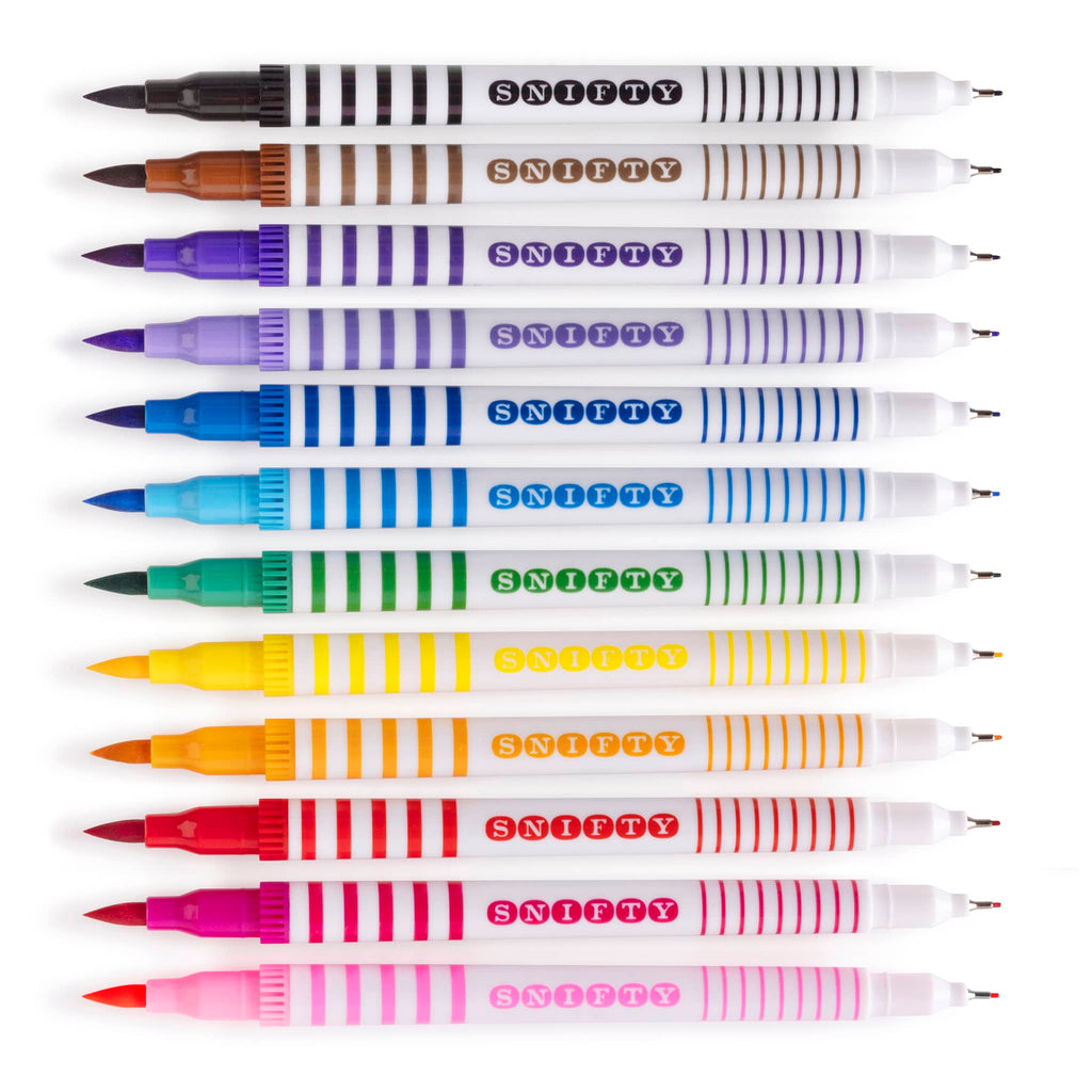 Set of colorful Snifty dual-tip markers arranged in a row on a white background.