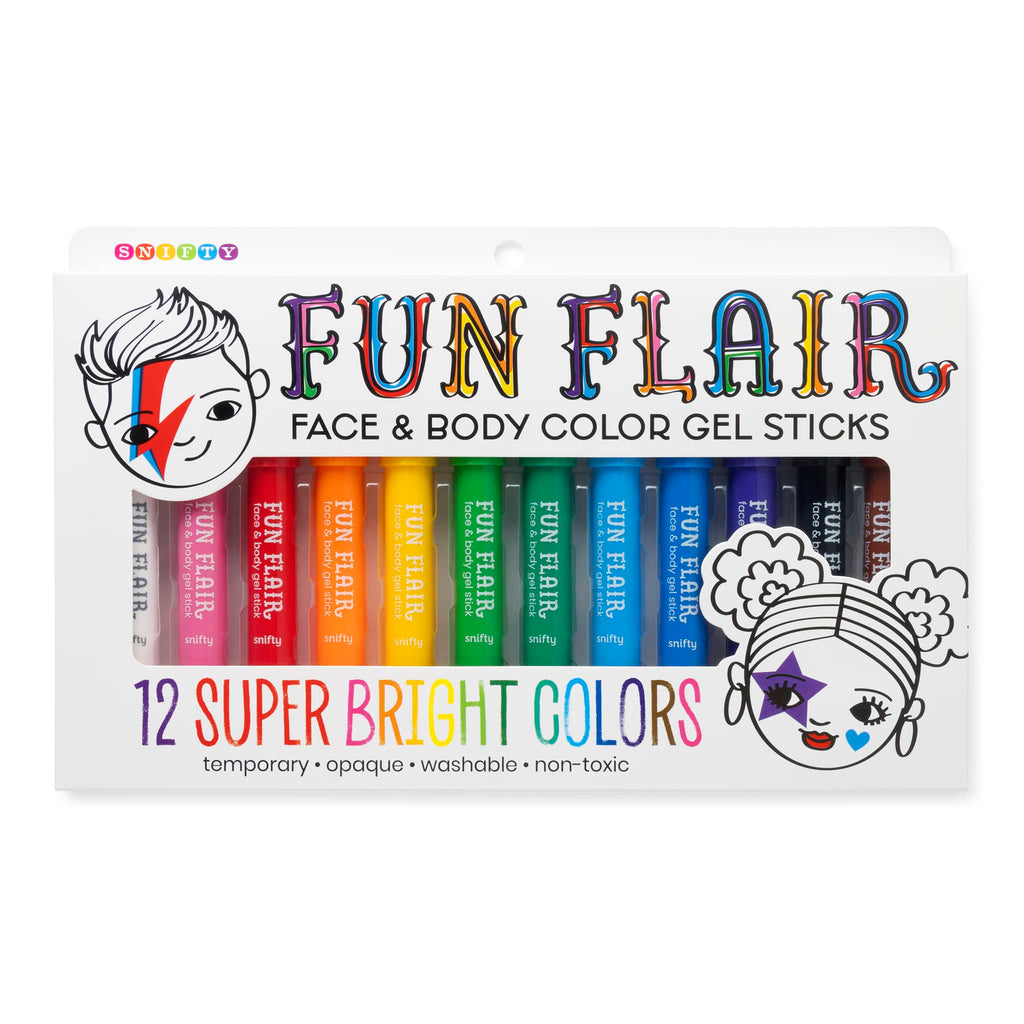 Fun Flair face and body color gel sticks packaging with 12 super bright colors on a white background.