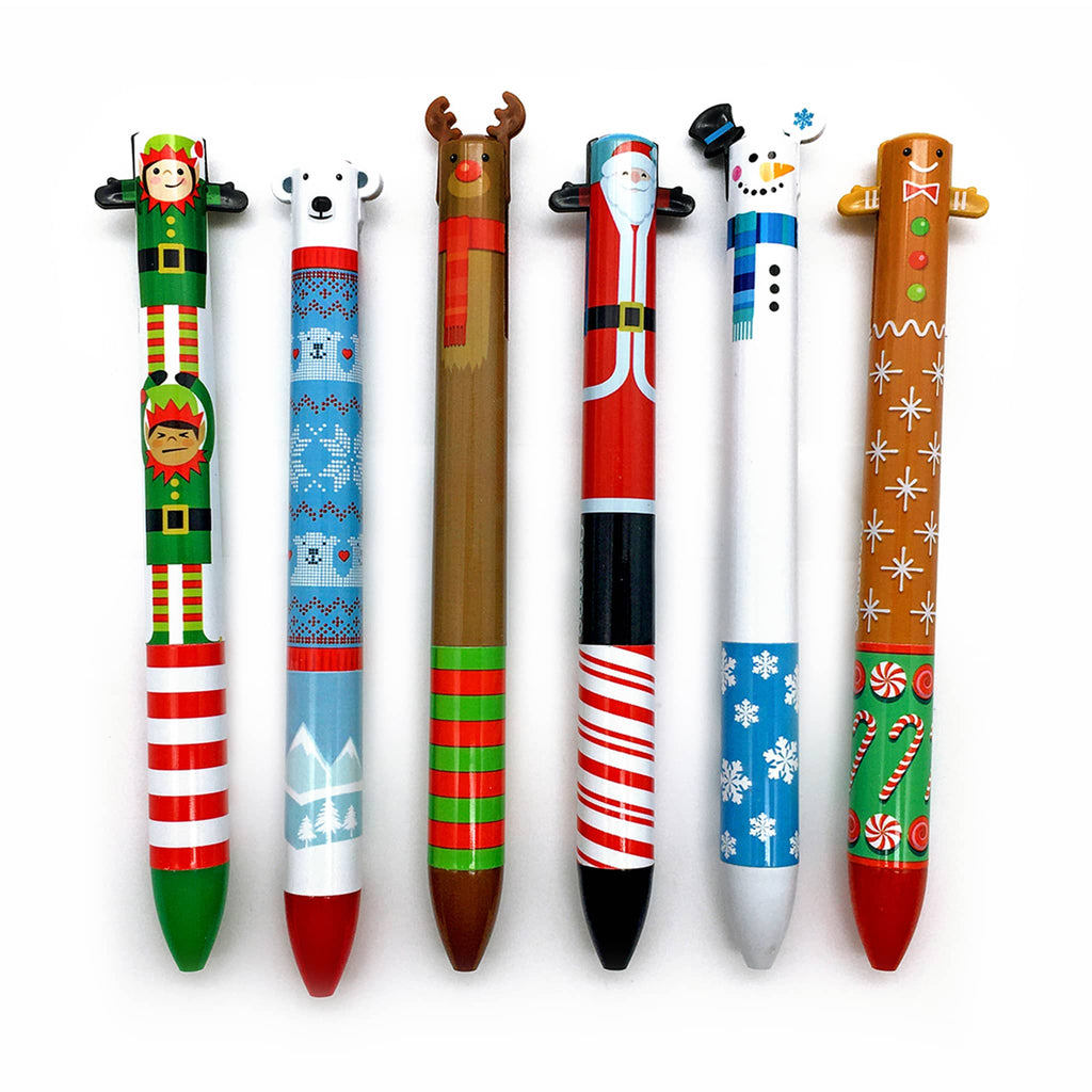 Set of six Christmas-themed pens with various designs on a white background.