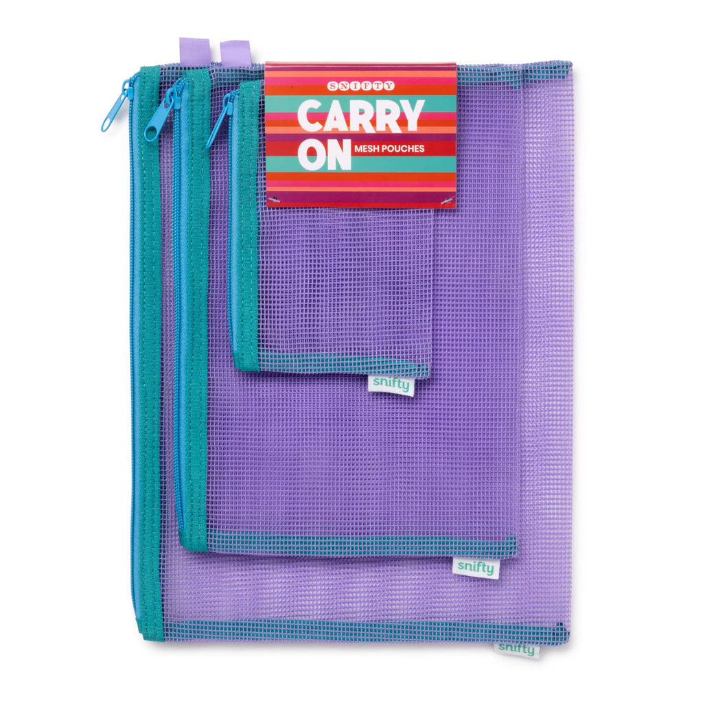 Set of 3 purple mesh zip pouches in different sizes on a white background.
