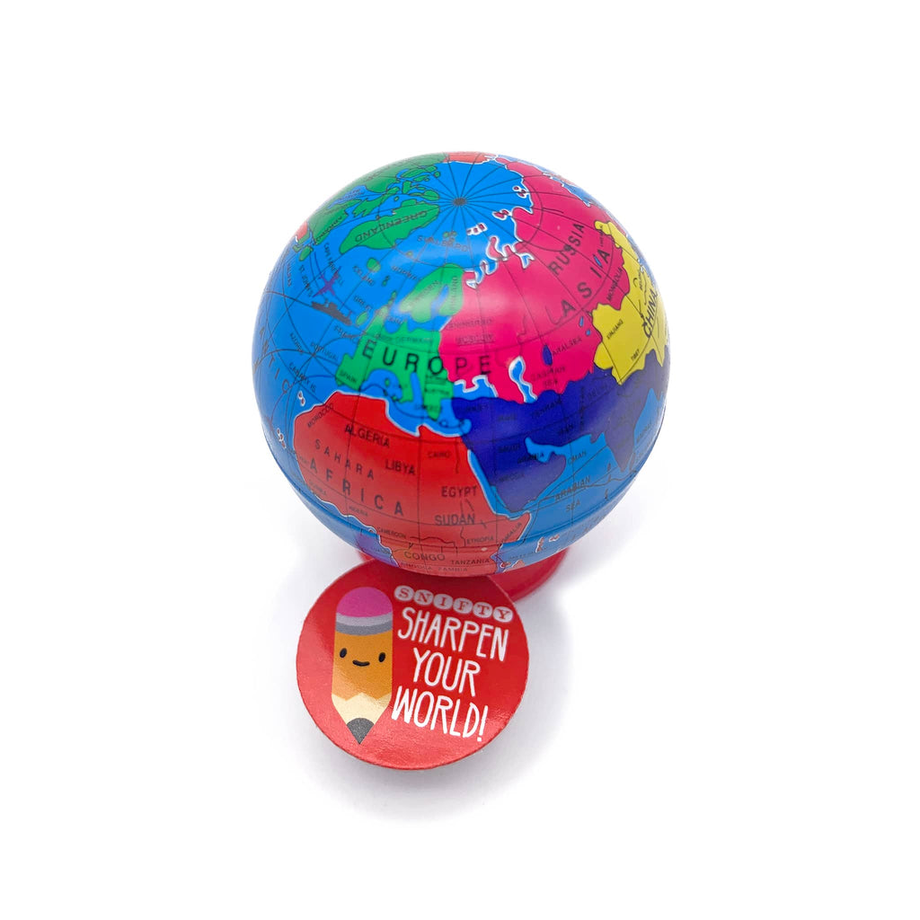 Colorful globe with a red base and 'Sharpen Your World!' tag on a white background.