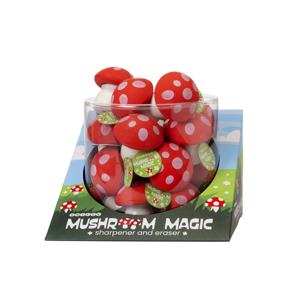 Mushroom-shaped sharpeners and erasers in a clear container with 'Mushroom Magic' branding on a colorful box.