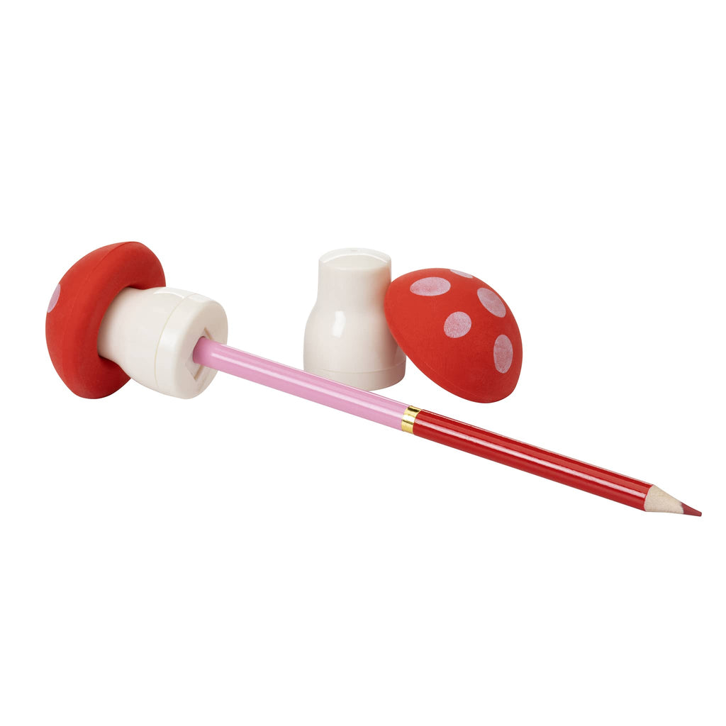 Red pencil with mushroom-shaped erasers and sharpeners on a white background.