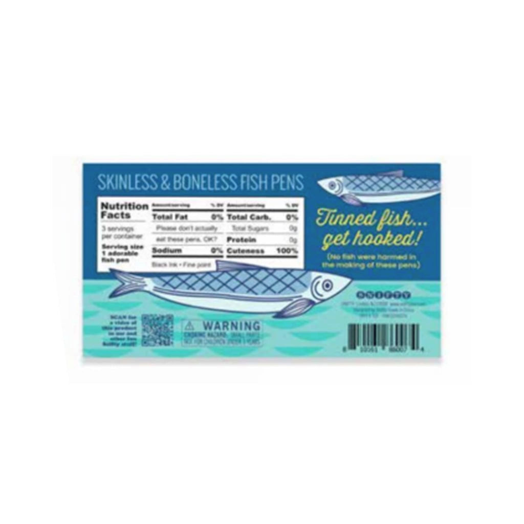 Packaging of 'Tinned Fish Pens' with a design resembling tinned sardines, back view, on a white background.