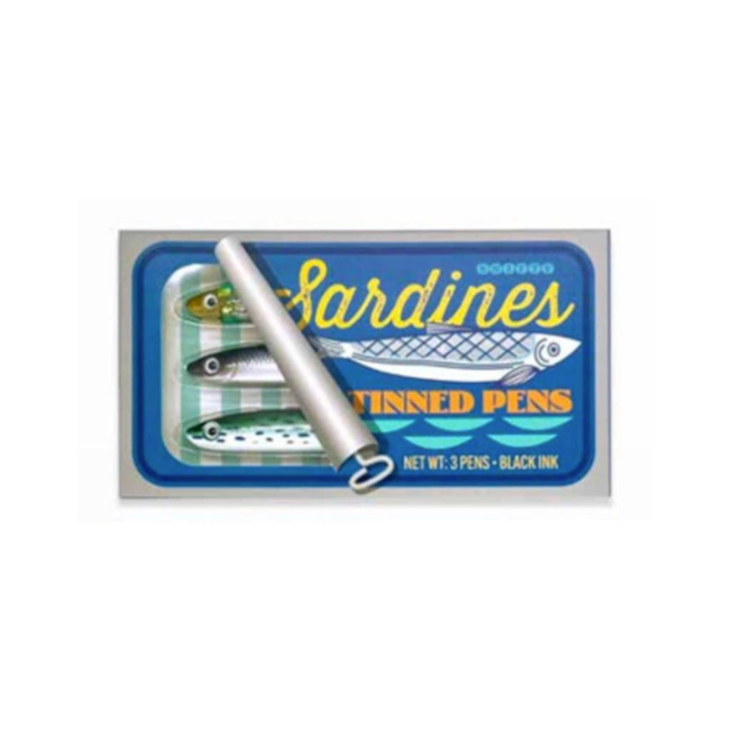 Packaging of 'Tinned Fish Pens' with a design resembling tinned sardines, front view, on a white background.