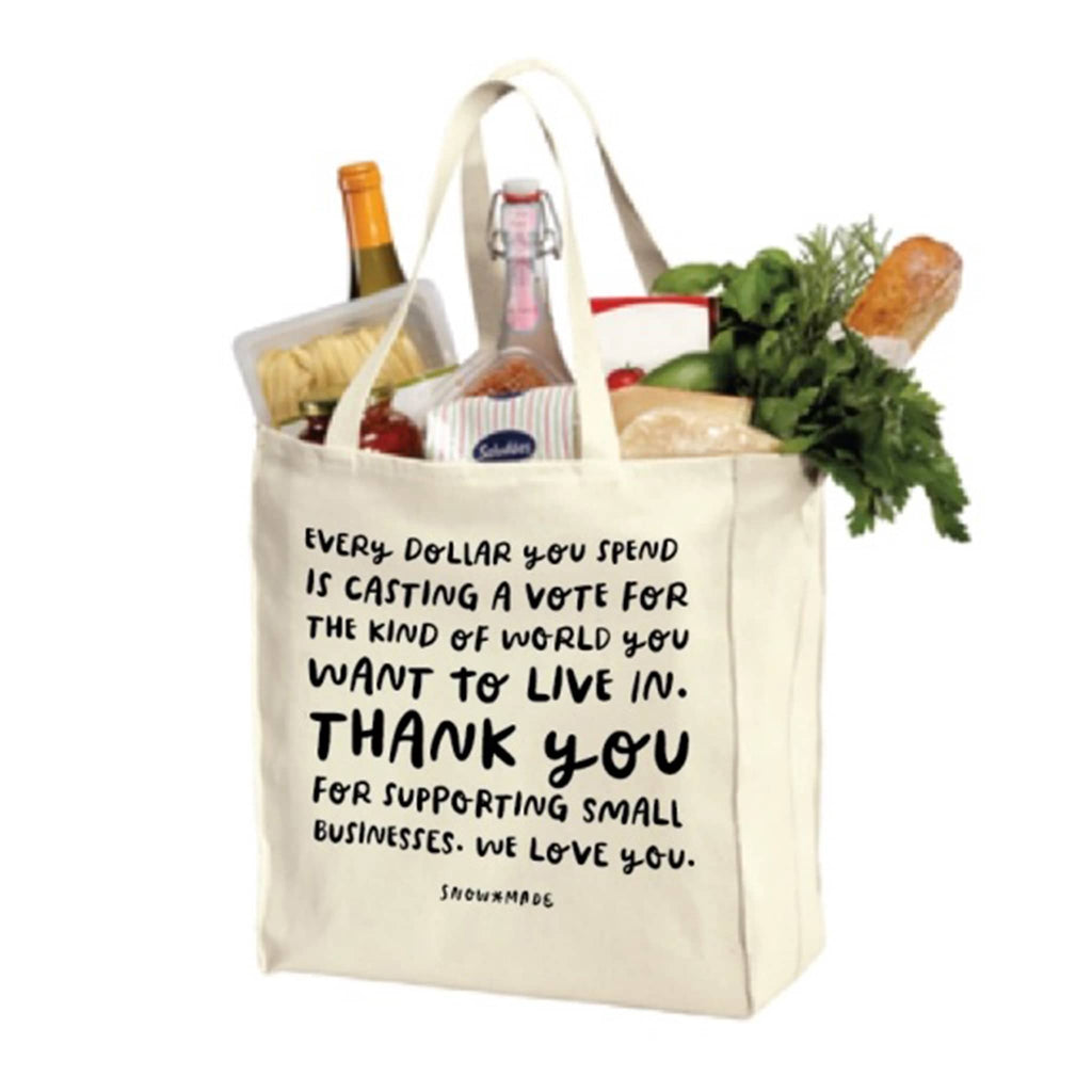 SnowMade Shop Small cotton twill tote bag, front view with groceries.