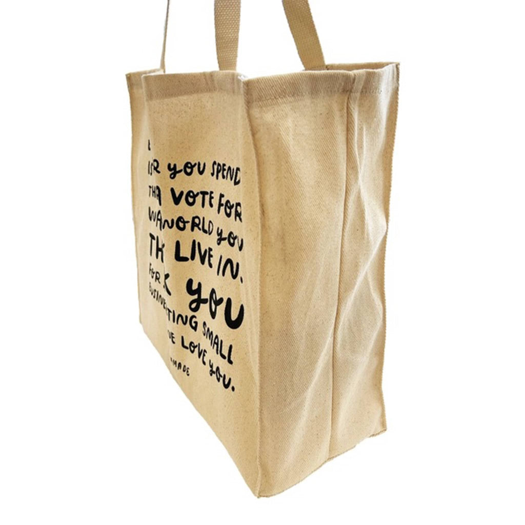 SnowMade Shop Small cotton twill tote bag, side view.