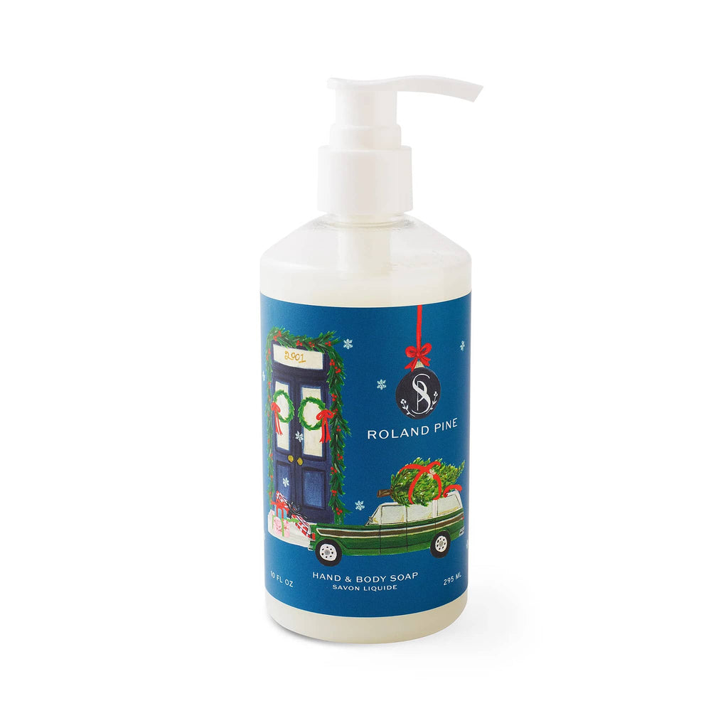 Hand and body soap bottle with a festive label on a white background.