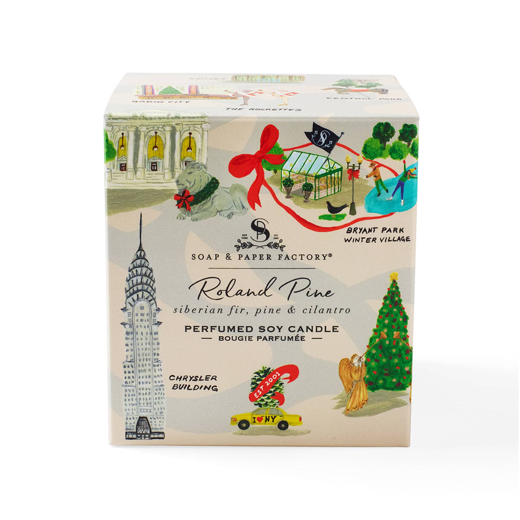 Soap & Paper Factory Roland Pine scented soy wax candle in gift box covered in NYC holiday illustrations, front view.