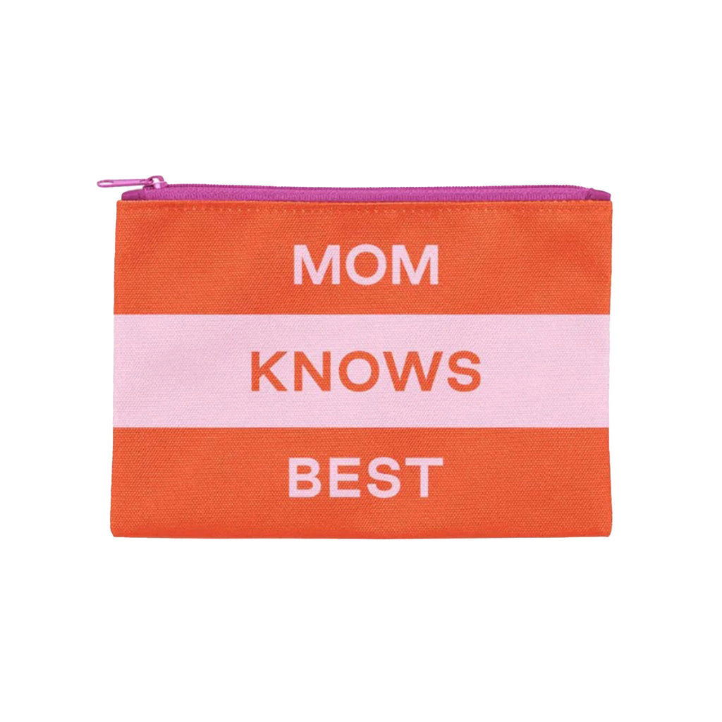 Social Goods x Every Mother Counts pink and orange color block zip pouch with "mom knows best" in contrasting letters.