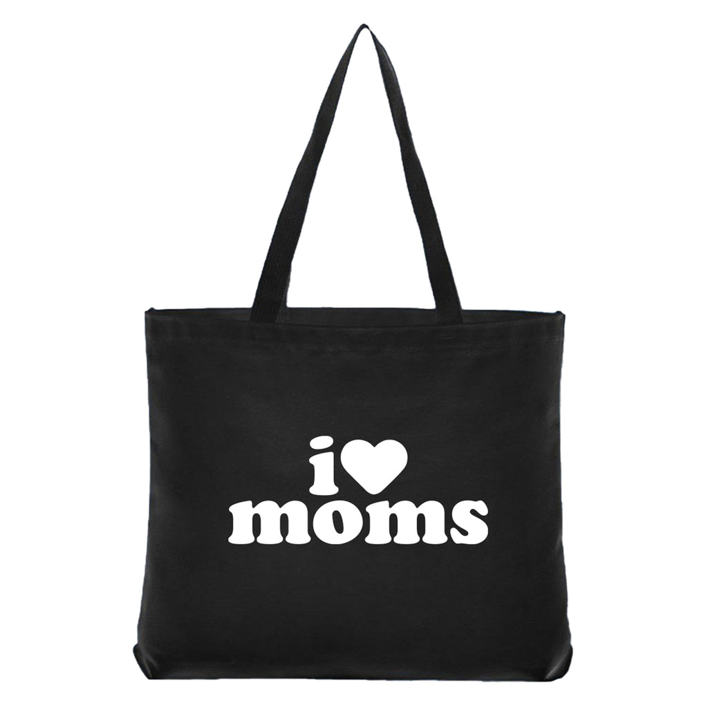 Social Goods x Sarah Clary black canvas tote bag, front view with "i love moms" in white lettering.