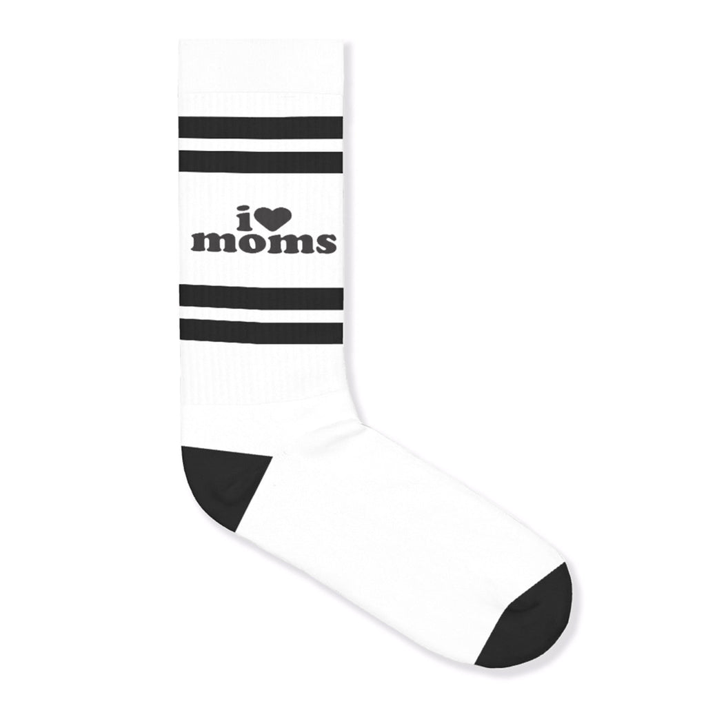 Social Goods x Sarah Clary I Love Moms crew socks in black and white.
