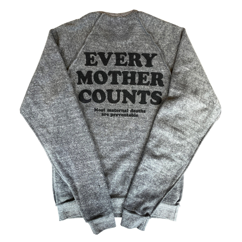Social Goods x Sarah Clary for Every Mother Counts I love moms heather gray sweatshirt, reversed, back.