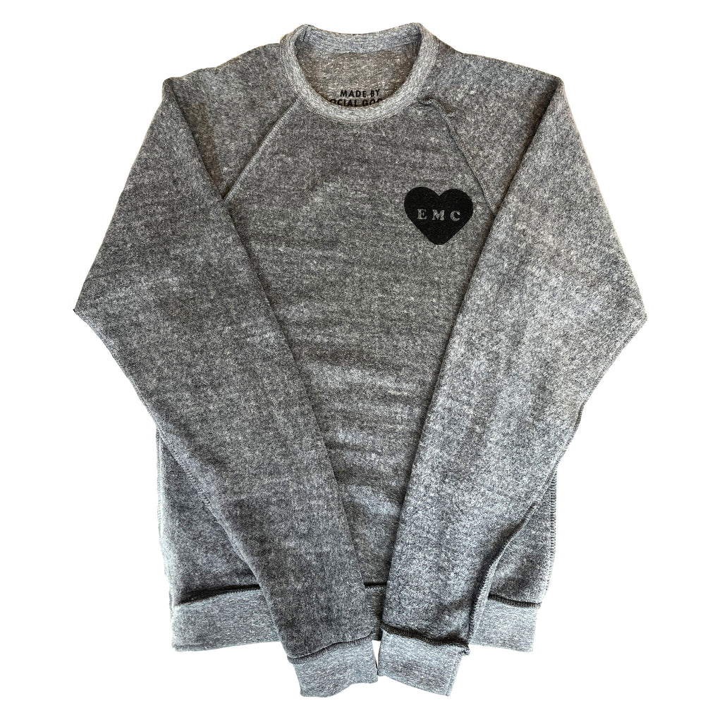 Social Goods x Sarah Clary for Every Mother Counts I love moms heather gray sweatshirt, reversed, front.