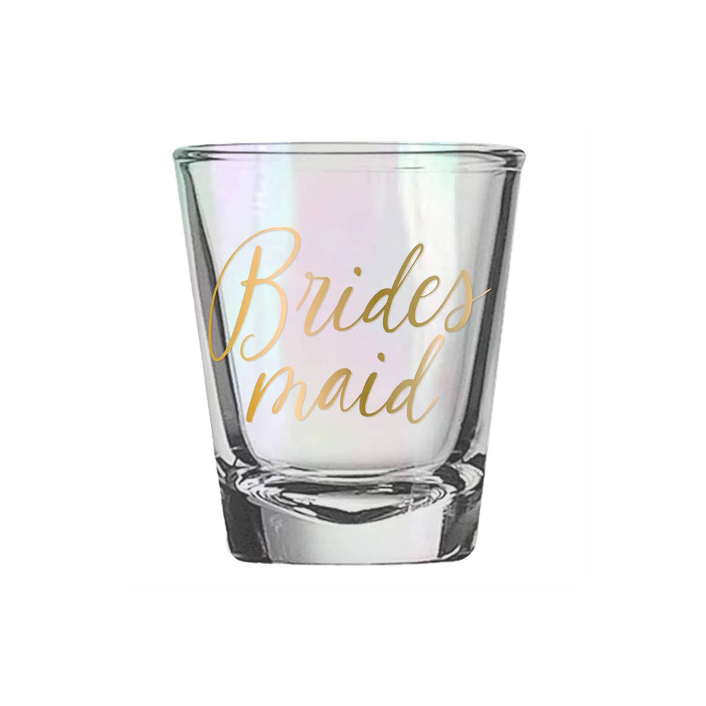Iridescent shot glass with 'Bridesmaid' in gold foil text on an white background.