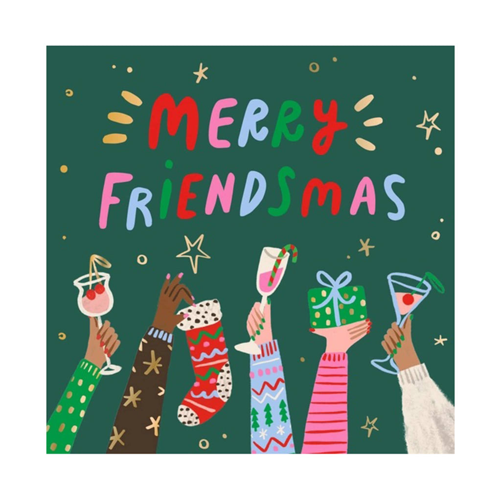 Napkin with 'Merry Friendsmas' text and illustrations of hands holding gifts, a stocking, and drinks on a green background.