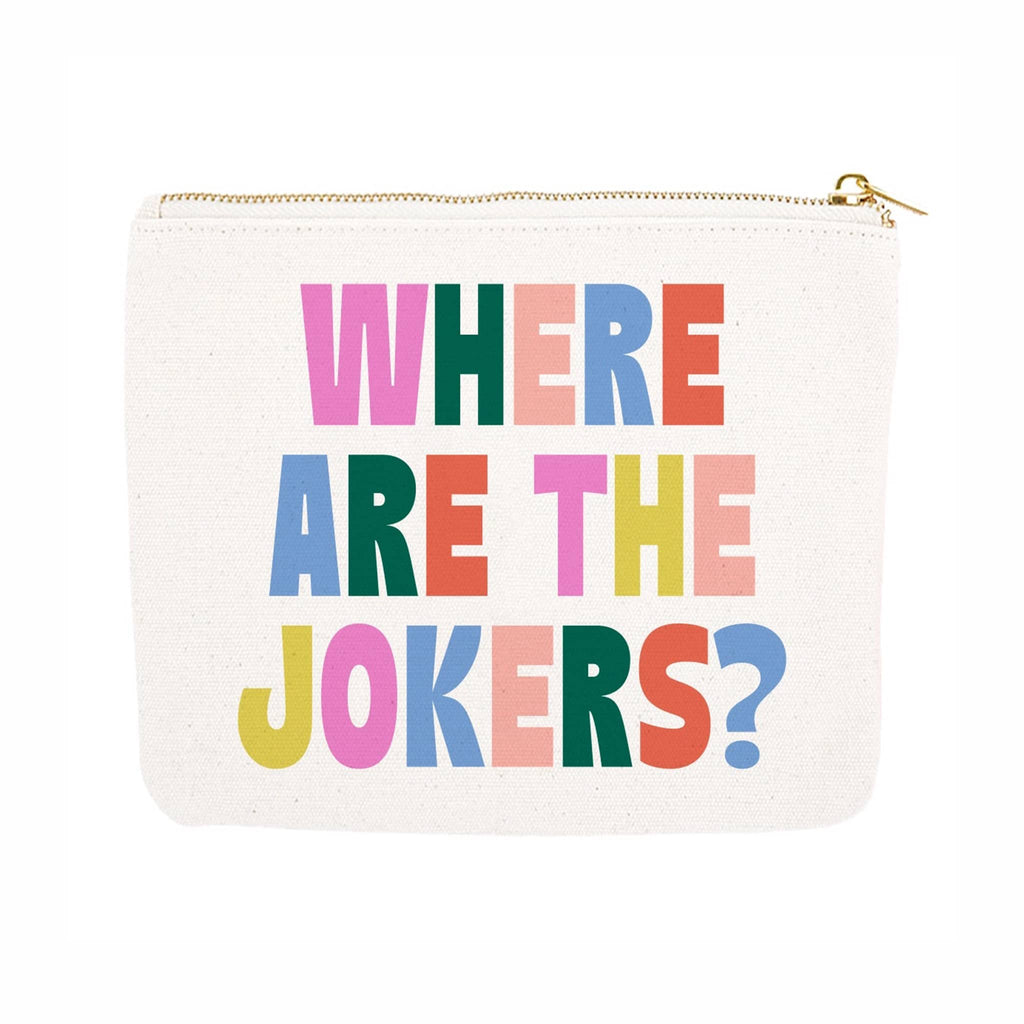 Pouch with 'Where are the jokers?' text in colorful letters on a white background.