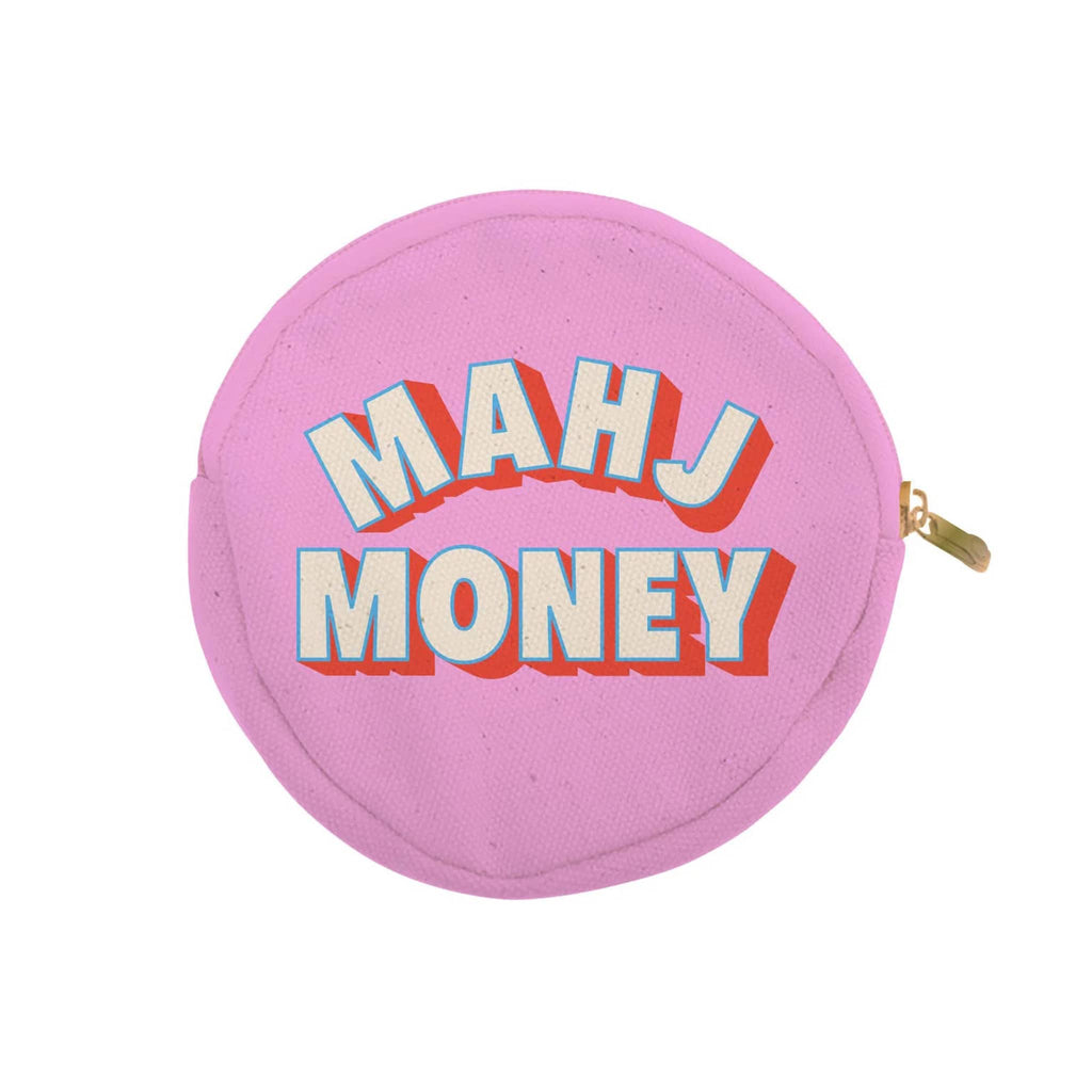 Soiree Sisters Mahj Money round pink canvas zip pouch, front view.