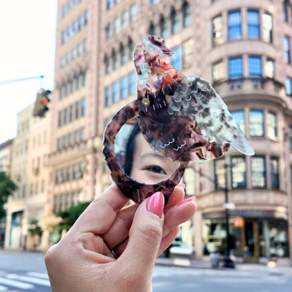 Hand holding a decorative mirror with pigeon design with a cityscape background.