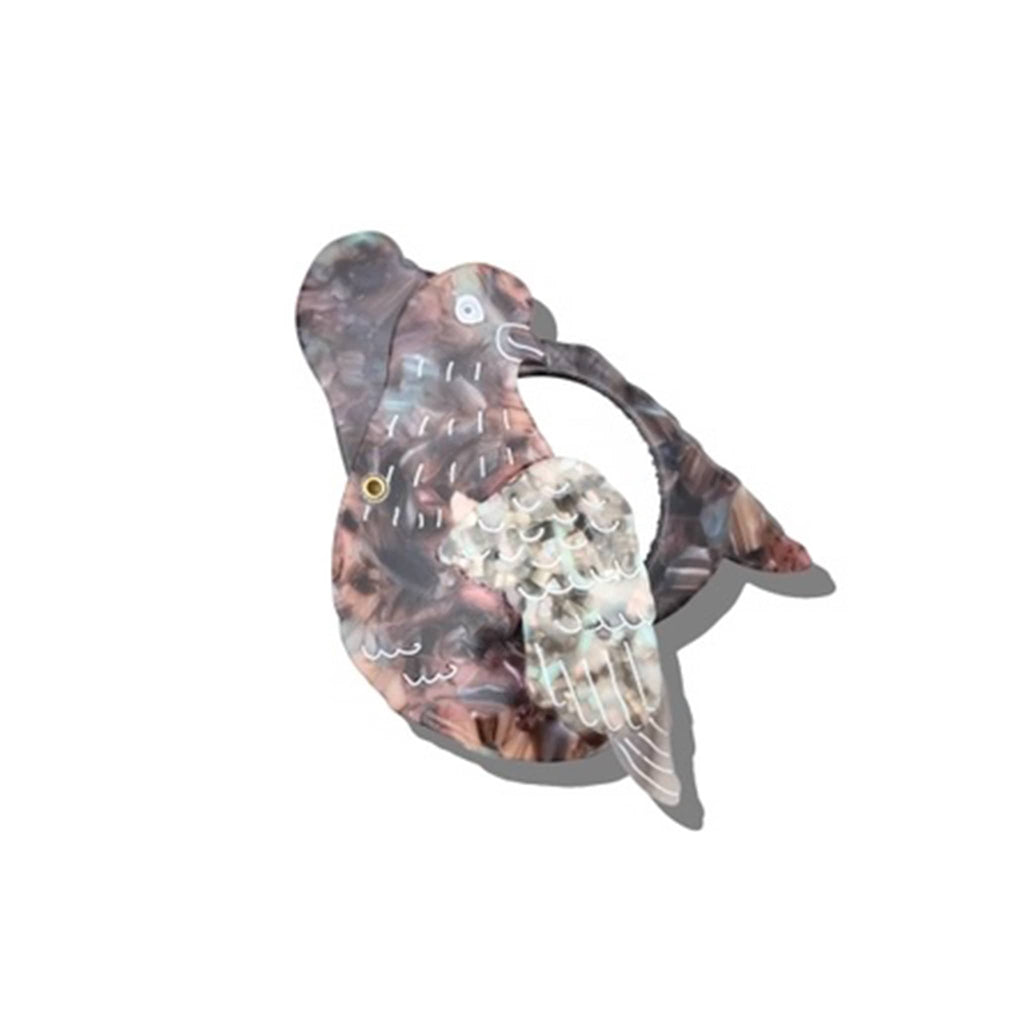 Solar Eclipse compact pocket mirror with pigeon design, halfway open, on a white background.